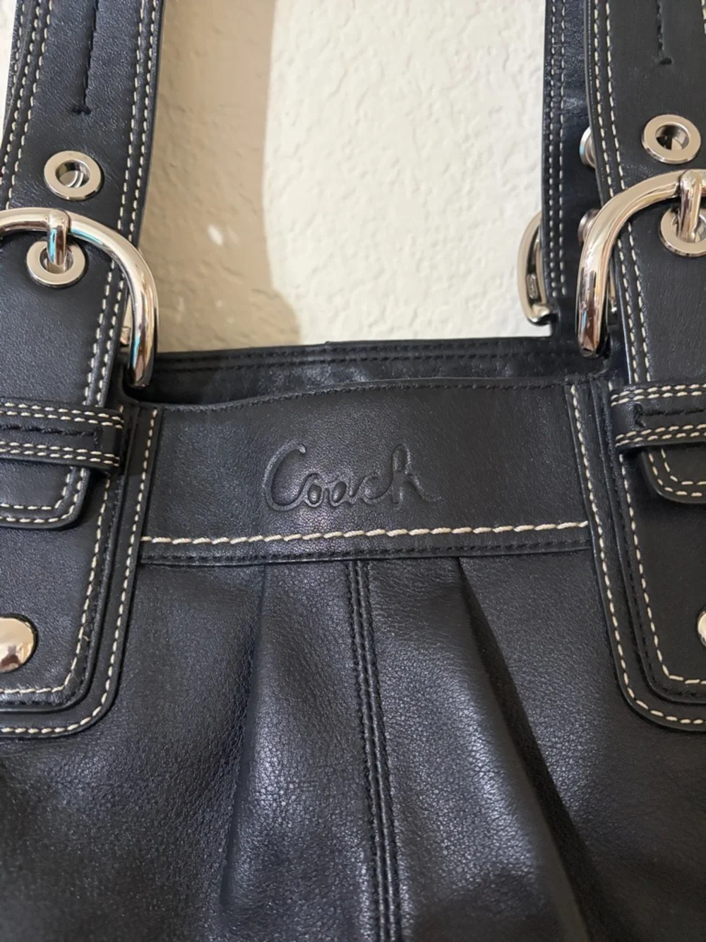 Coach Black Leather Shoulder Bag with White Contrast Stitching